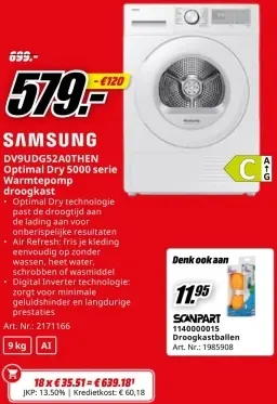 Promotie: DV9UDG52A0THEN Optimal Dry 5000 serie Warmtepomp droogkast