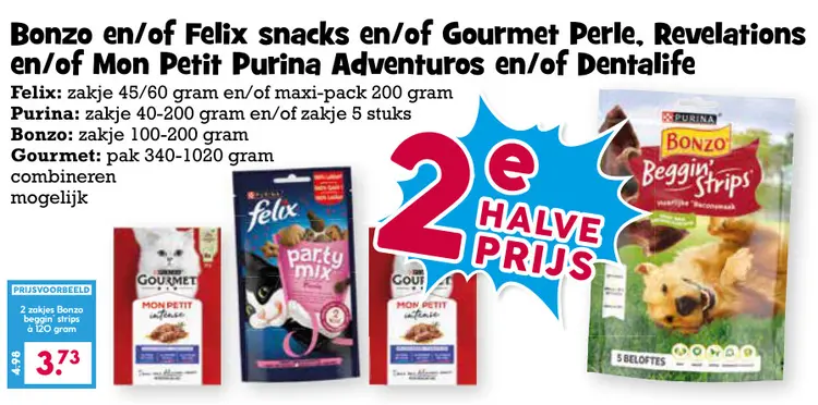 Aanbieding: Bonzo en/of Felix snacks en/of Gourmet Perle, Revelations en/of Mon Petit Purina Adventuros en/of Dentalife