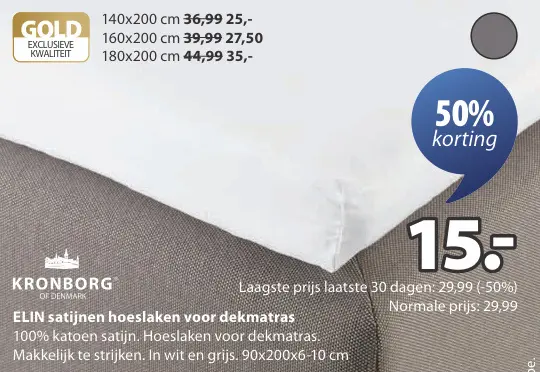 Promotie: ELIN satijnen hoeslaken voor dekmatras