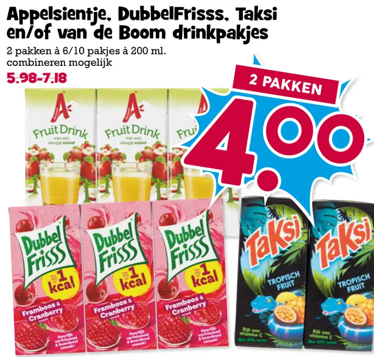 Aanbieding: Appelsientje, DubbelFrisss, Taksi en/of van de Boom drinkpakjes