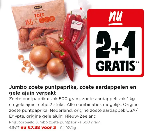 Promotie: Zoete puntpaprika, zoete aardappelen en gele ajuin verpakt