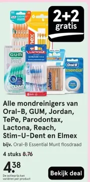 Aanbieding: Alle mondreinigers van Oral-B, GUM, Jordan, TePe, Parodontax, Lactona, Reach, Stim-U-Dent en Elmex