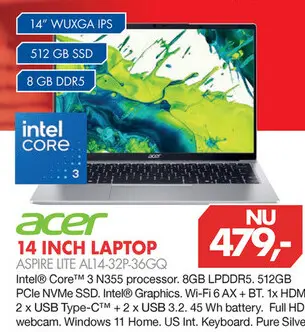 Aanbieding: 14 inch laptop aspire lite al14-32p-36gq