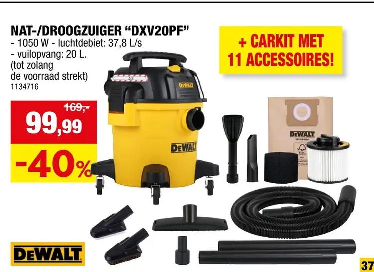 Promotie: Dewalt DXV20PF nat-/droogzuiger 20l + autokit