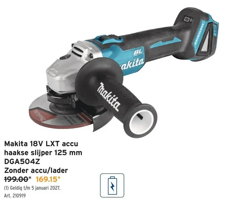 Promotie: Makita 18V LXT accu haakse slijper 125 mm DGA