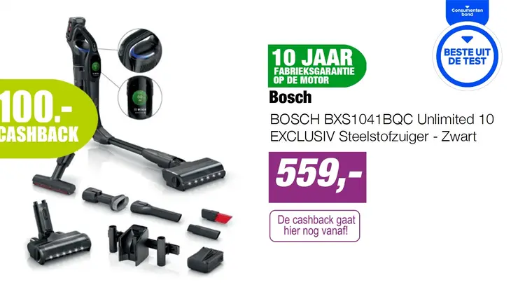 Aanbieding: BOSCH BXS1041BQC Unlimited 10 EXCLUSIV Steelstofzuiger - Zwart