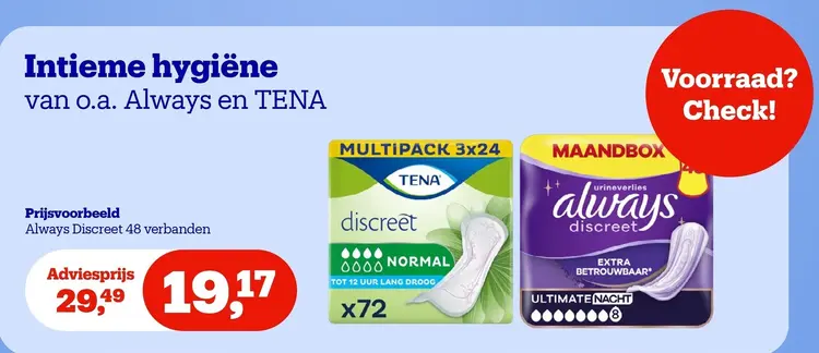 Aanbieding: Intieme hygiëne van o.a. Always en TENA
