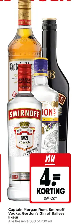 Aanbieding: Captain Morgan Rum, Smirnoff Vodka, Gordon's Gin of Bailey's