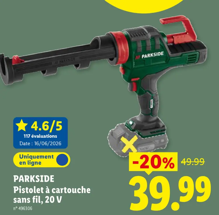 Offre: Pistolet à cartouche sans fil, 20 V