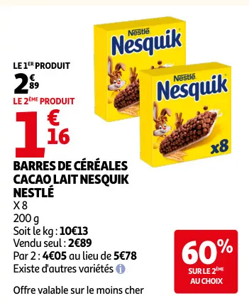 Offre: Barres de céréales cacao lait Nesquik
