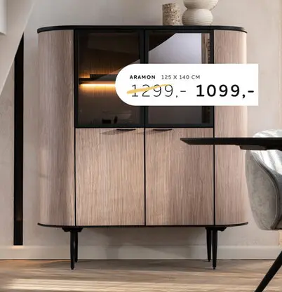 Promotie: Aramon, highboard 125 cm. - 2-deuren + 2-glasdeuren (+ LED)