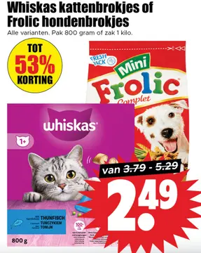 Aanbieding: Whiskas kattenbrokjes of Frolic hondenbrokjes