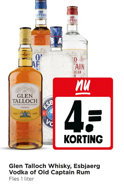 Aanbieding: Glen Talloch Whisky, Esbjaerg Vodka of Old Captain rum