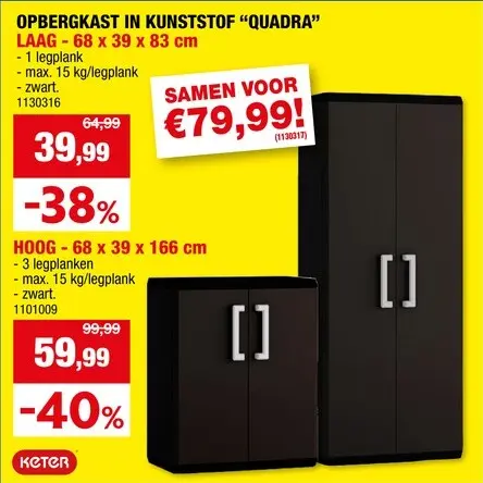 Promotie: Keter Quadra opbergkast laag 39x68x83 cm zwart