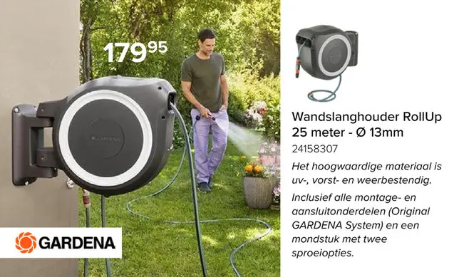 Promotie: Gardena Wandslangenbox RollUp M/L – 25m Tuinslang – Automatisch Oprolmechanisme – Wit