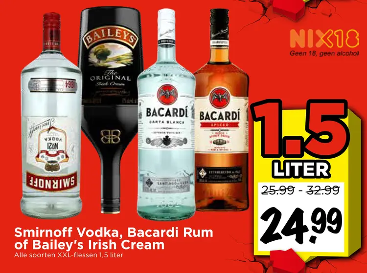 Aanbieding: Smirnoff Vodka, Bacardi Rum of Bailey's Irish Cream