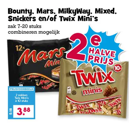 Aanbieding: Bounty, Mars, MilkyWay, Mixed, Snickers en/of Twix Mini's