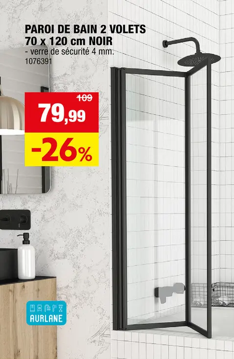 Offre: Aurlane Paroi de baignoire 70x120 cm noir 2 pièces