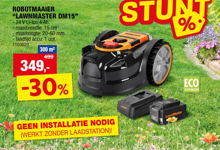 Promotie: LawnMaster robotmaaier 24V Li-Ion 300m² + accu 24V 4Ah + lader