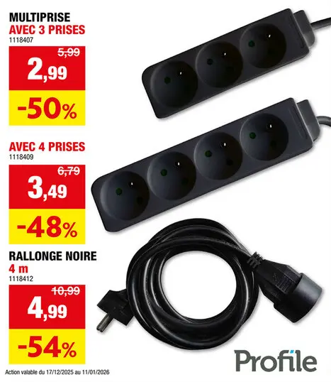 Offre: Profile rallonge 4m 3G 1,5mm² noir