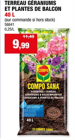 Offre: Compo terreau pour géraniums et plantes de balcon 40l