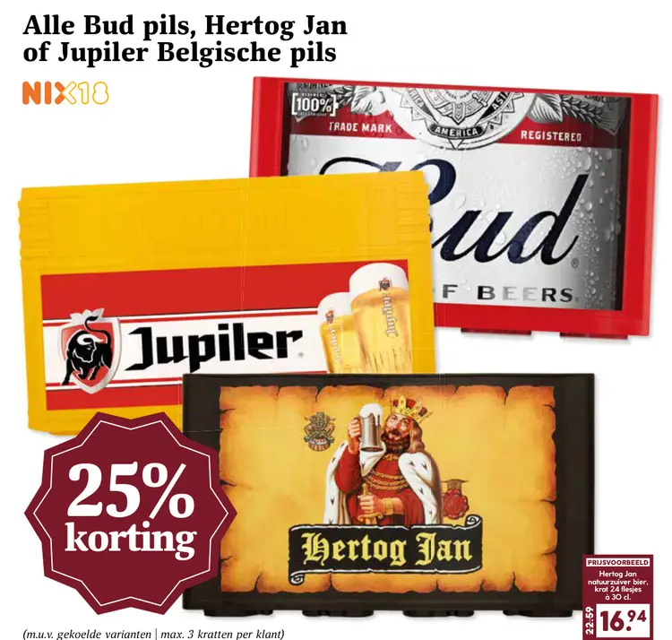 Aanbieding: Bud pils, Hertog Jan of Jupiler Belgische pils