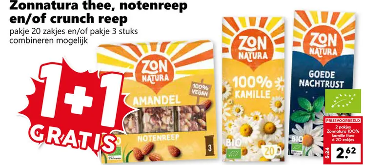 Aanbieding: Zonnatura thee, notenreep en/of crunch reep