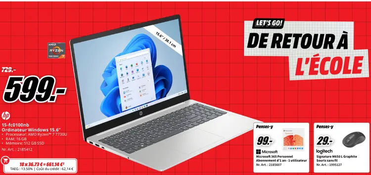 Offre: HP 15-fc0100nb Ordinateur Windows 15.6"