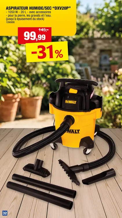 Offre: Dewalt DXV20P aspirateur eau et poussières 20l