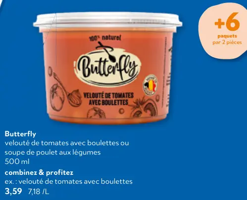 Offre: Velouté de tomates avec boulettes ou soupe de poulet aux légumes