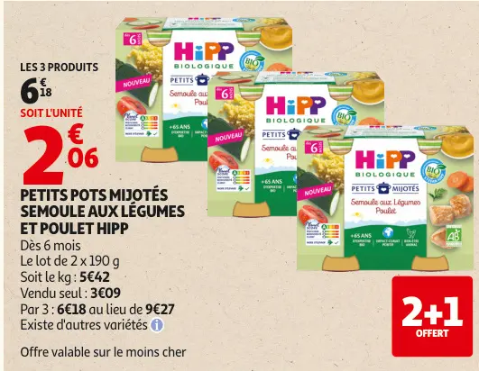 Offre: Petits pots mijotés semoule aux légumes et poulet HiPP