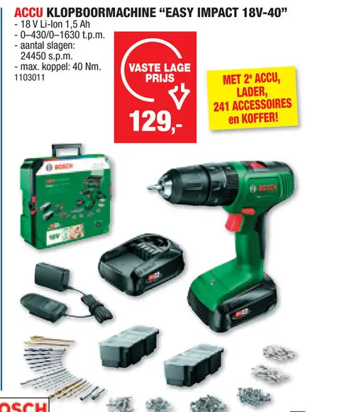 Promotie: Bosch EasyImpact 18V-40 accu klopboorschroefmachine 18V Li-Ion met 2 batterijen + lader + 241 accessoires + SystemBox
