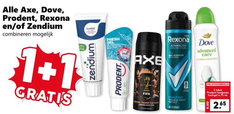 Aanbieding: Alle Axe, Dove, Prodent, Rexona en/of Zendium