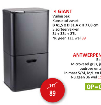 Aanbieding: Vuilnisbak met opbergvak Giant 3L+33L+27L zwart