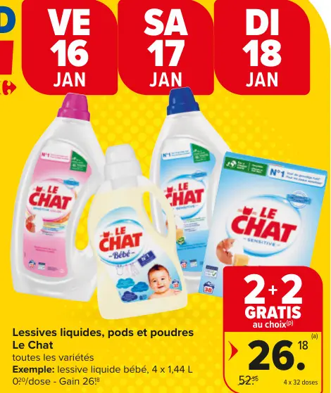 Offre: Lessives liquides, pods et poudres Le Chat