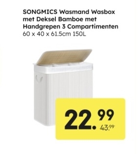 Aanbieding: SONGMICS Wasmand Wasbox met Deksel Bamboe met Handgrepen 3 Compartimenten