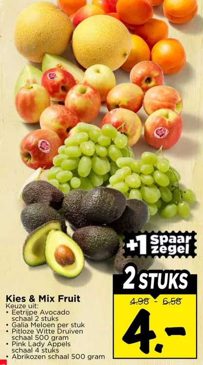 Eetrijpe avocado, Galia Meloen, Pitloze witte druiven, Pink lady appels, Abrikozen