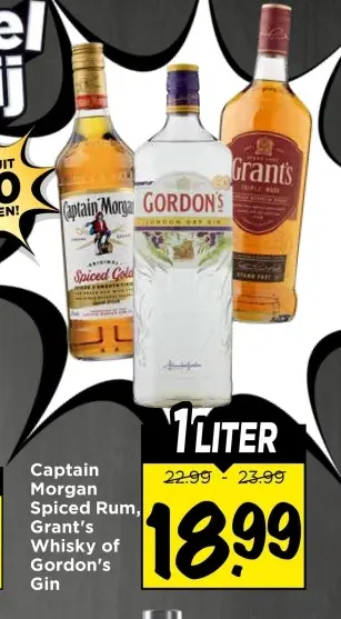 Aanbieding: Captain Morgan Spiced Rum, Grant's Whisky or Gordon's Gin