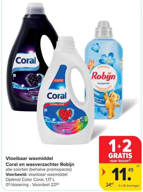 Promotie: Vloeibaar wasmiddel Coral en wasverzachter Robijn