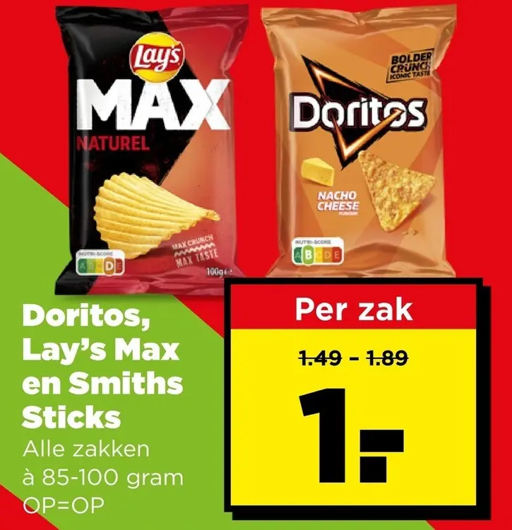 Aanbieding: Doritos, Lay's Max en Smiths Sticks