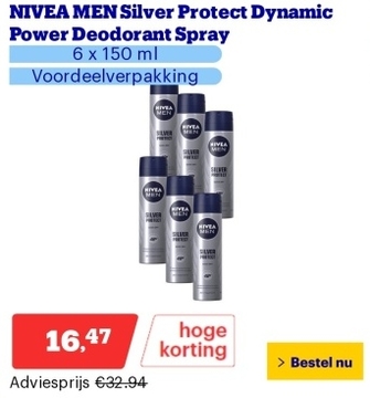 Aanbieding: NIVEA MEN Silver Protect Dynamic Power Deodorant Spray - 6 x 150 ml - Voordeelverpakking