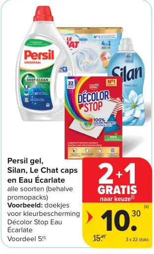 Promotie: Persil gel, Silan, Le Chat caps en Eau Écarlate