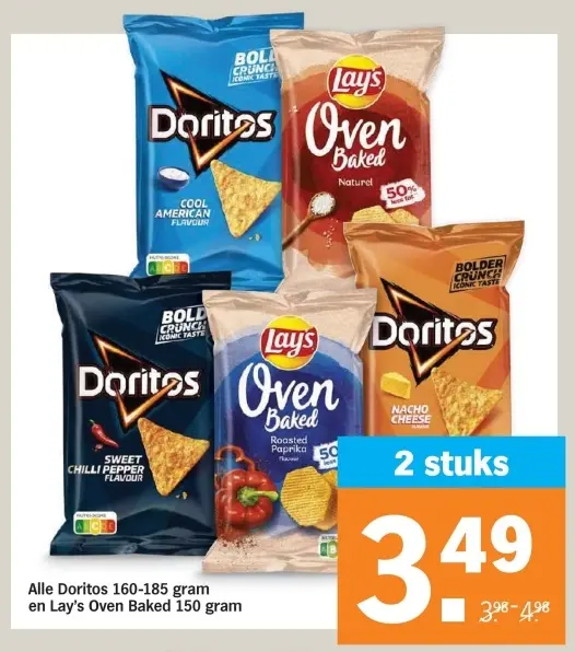 Aanbieding: Alle Doritos 160-185 gram en Lay's Oven Baked 150 gram