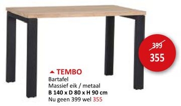 Aanbieding: Bartafel Tembo 140x80cm - eik massief & metaal - naturel