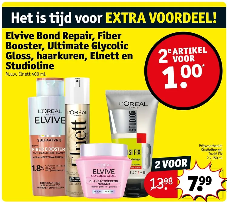Aanbieding: Elvive Bond Repair, Fiber Booster, Ultimate Glycolic Gloss, haarkuren, Elnett en Studioline