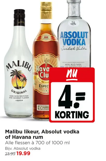 Aanbieding: Malibu likeur, Absolut vodka of Havana rum