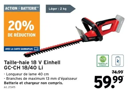 Offre: Taille-haie 18 V Einhell GC-CH 18/40 Li
