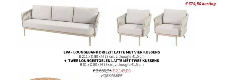 Promotie: Eva - loungebank driezit latte + twee loungestoelen