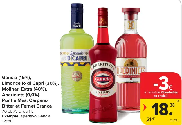 Offre: Aperitivo, Limoncello di Capri, Molinari Extra, Aperiniets, Punt e Mes, Carpano Bitter et Fernet Branca