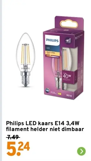 Aanbieding: LED kaars E14 3,4W filament helder niet dimba
